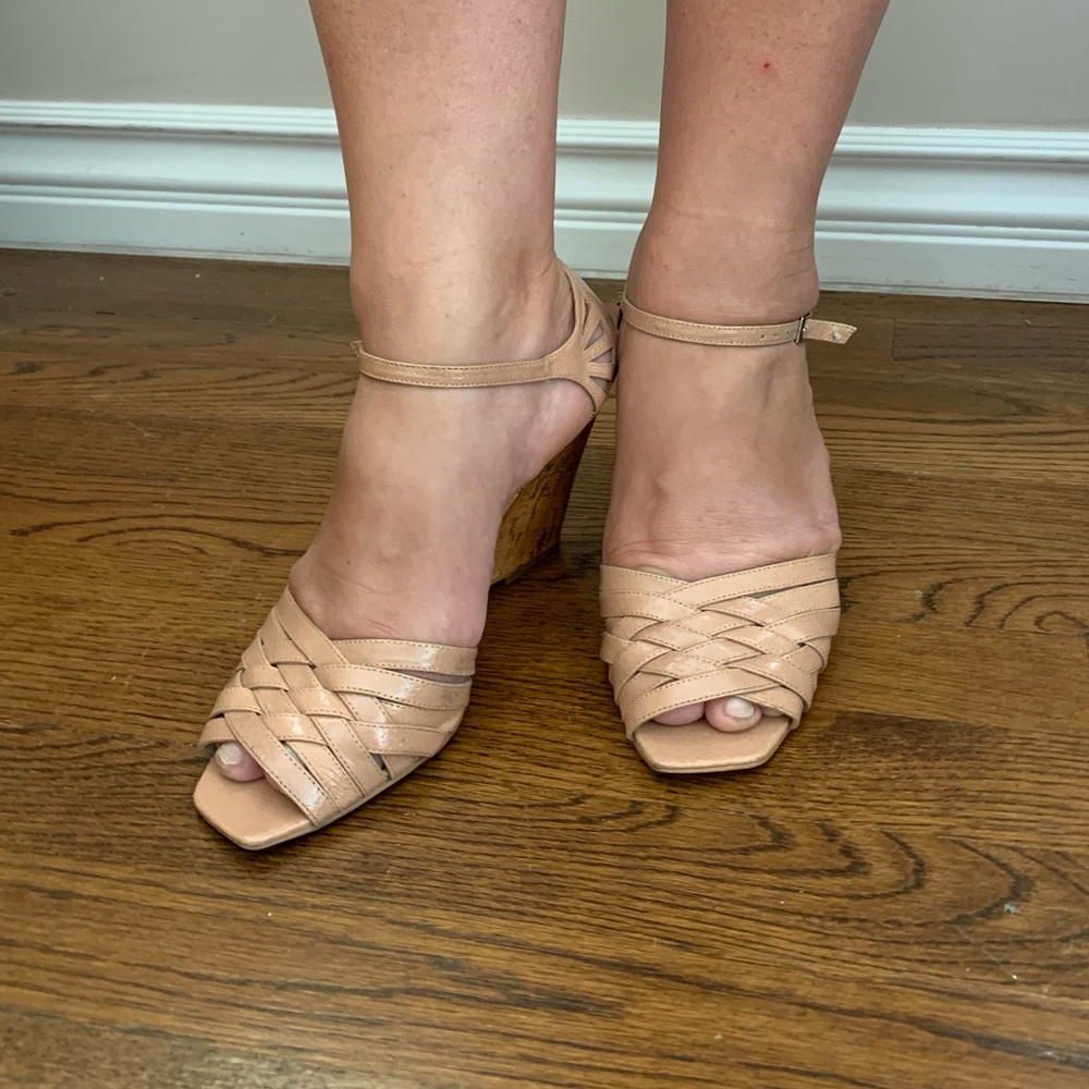 Nicole Miller woven leather cork wedge sandals